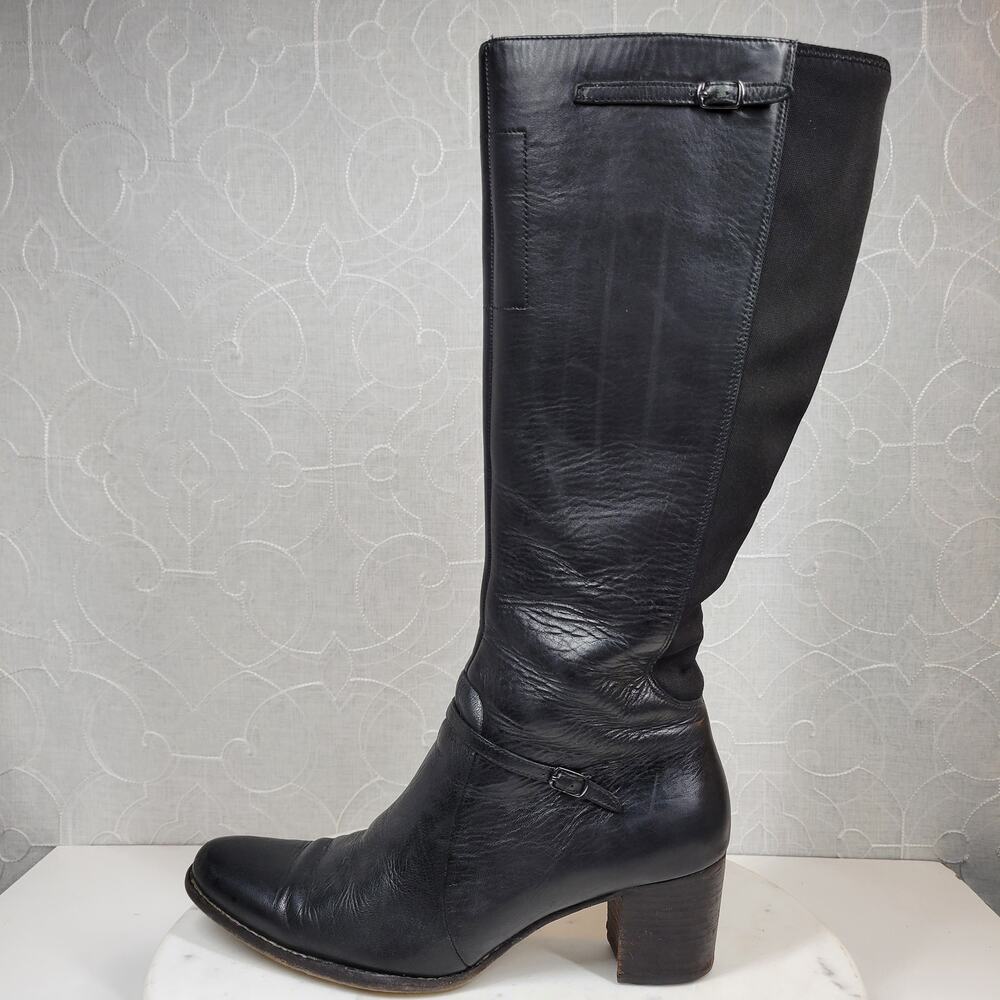 Timberland Tasa Tall Leather Boots 9 Black Knee High Western Block Heel 61383